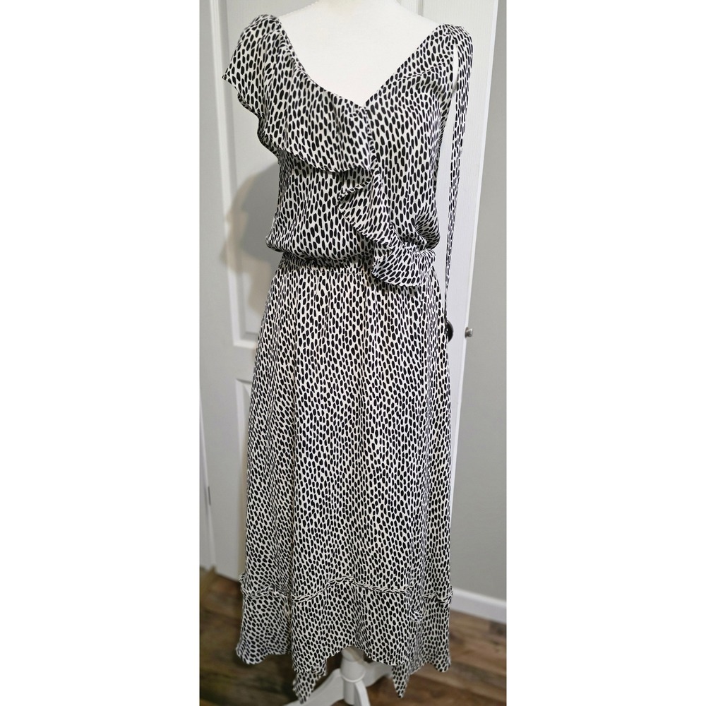 Who What Wear Women XS Black White Polka Dot Ruffle Maxi Dress V-Neck Sleeveless
